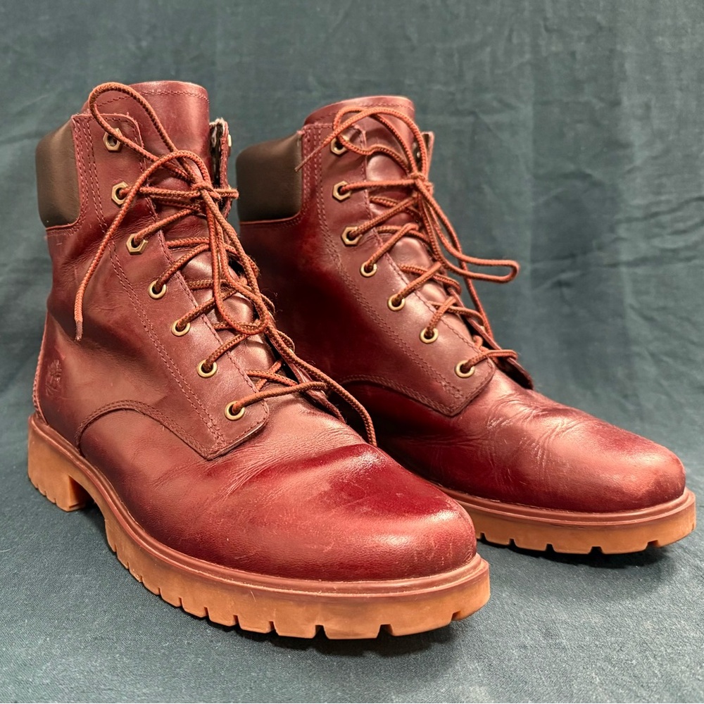 Timberland Burgundy Leather Lace-Up Moto Boots